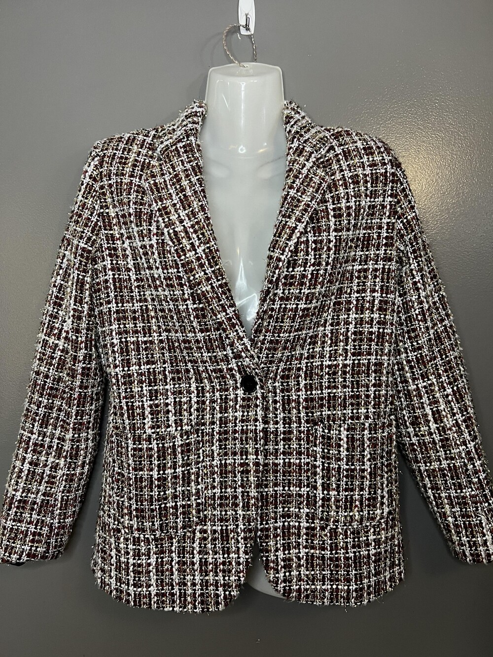 Mi Ami Blazer Womens Small Multicolor Tweed Check One Button Lined Notch Lapel